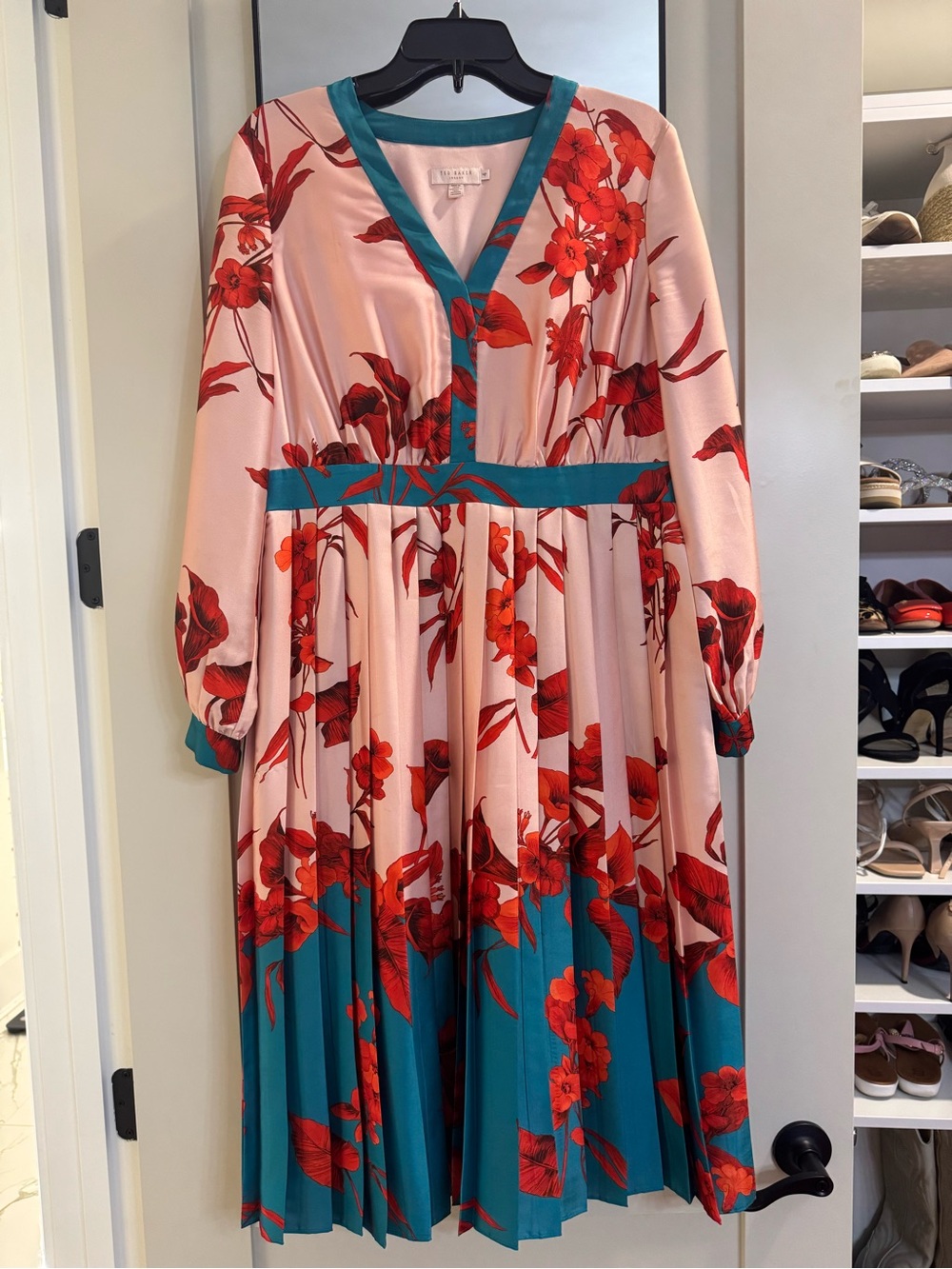 Ted Baker Pink Midi Dress with Red Floral & Teal Trim